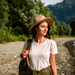 Femme souriante au chapeau près d'une rivière de montagne en été