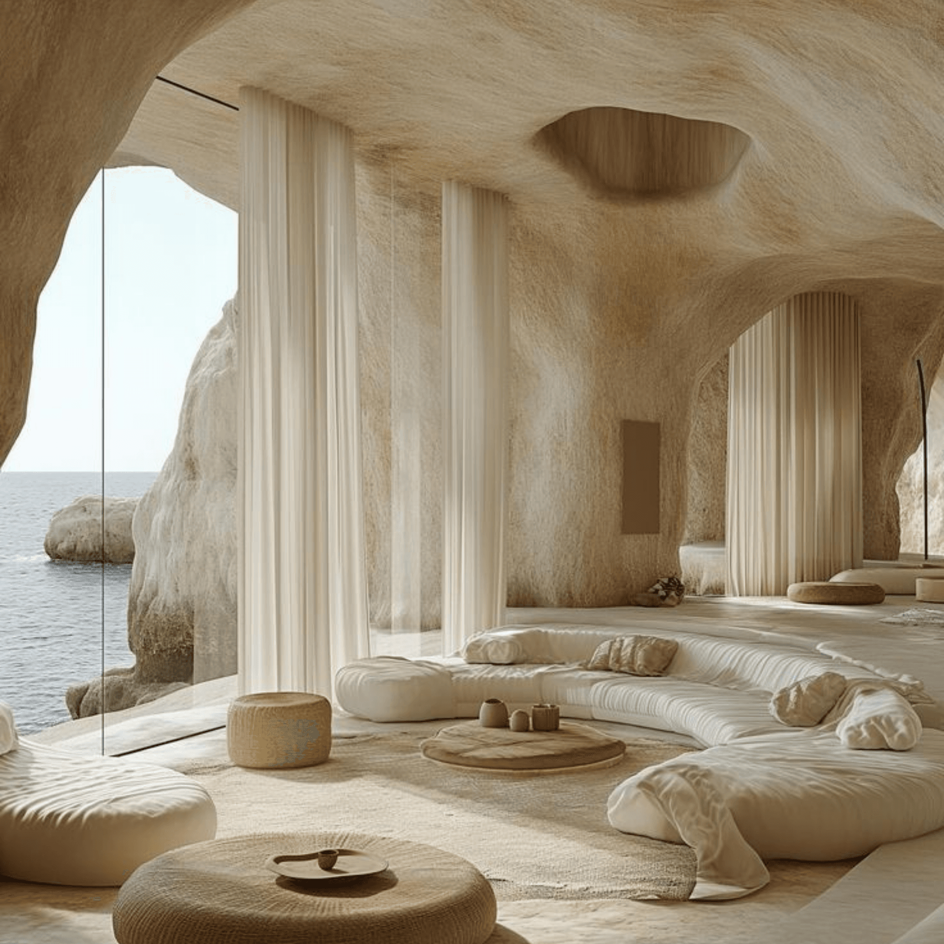 Villa troglodyte luxueuse avec salon sculpté dans la roche face à l'océan