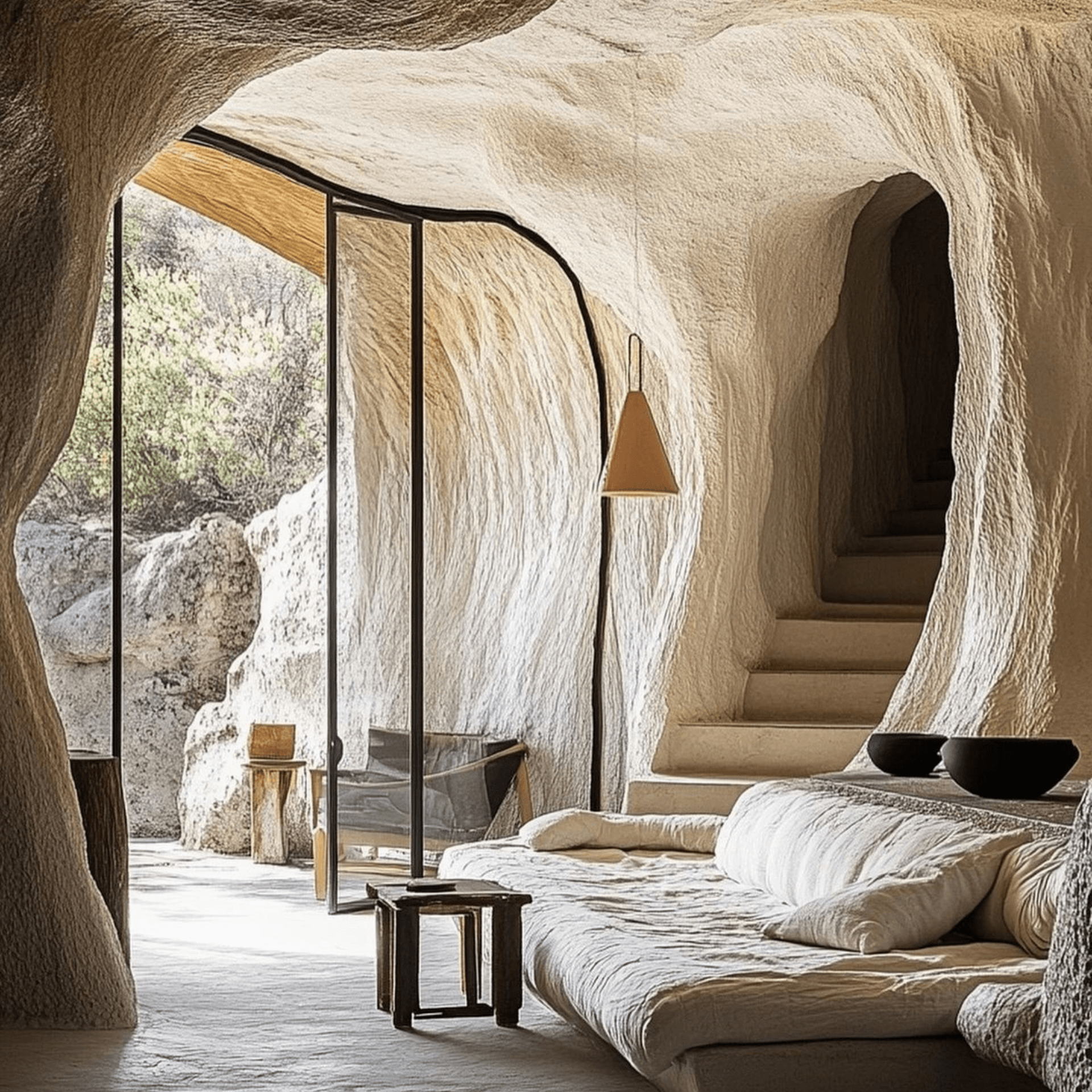 Chambre villa troglodyte avec escalier sculpté et suspension design