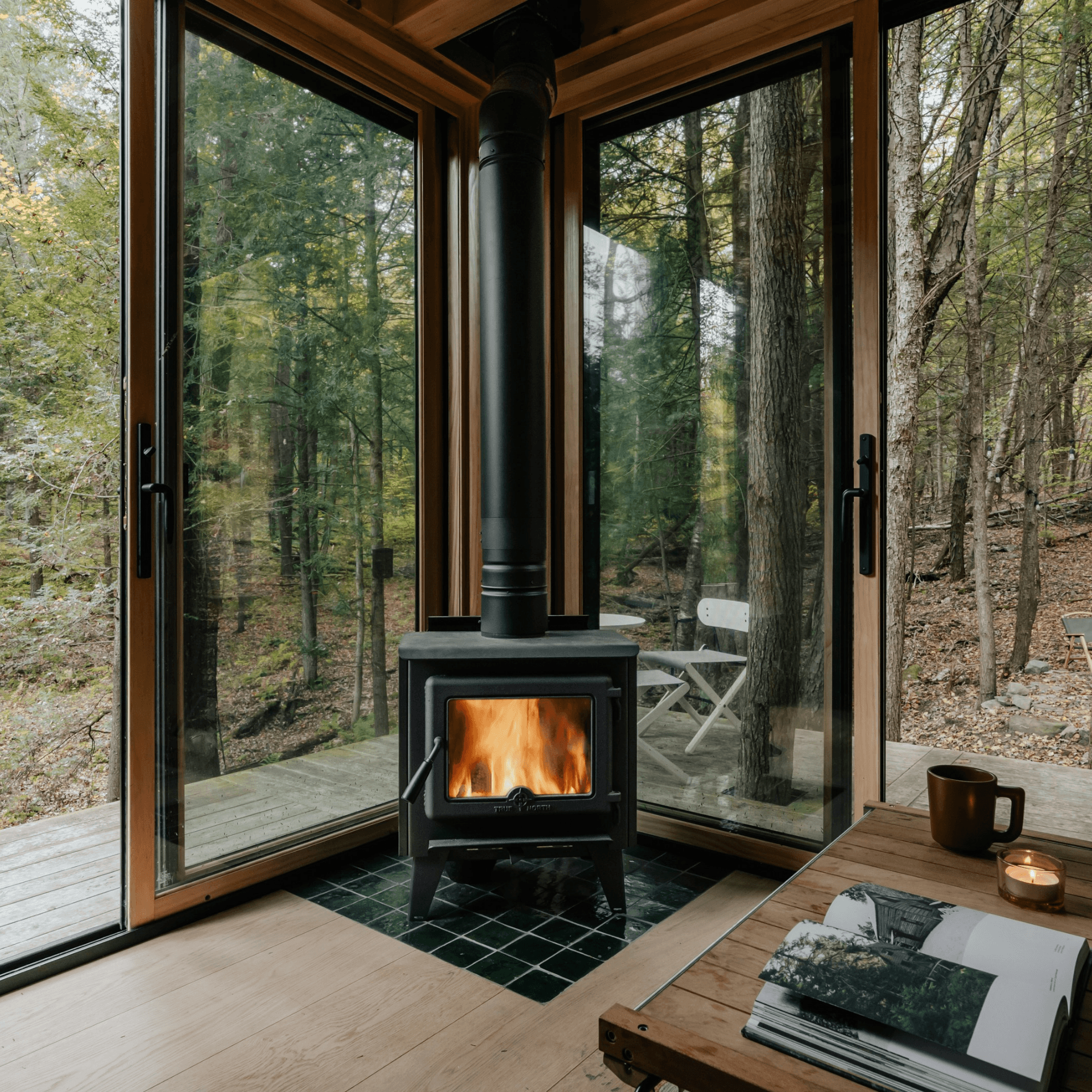 oêle bois noir allumé intérieur cabine bois grandes fenêtres vue forêt