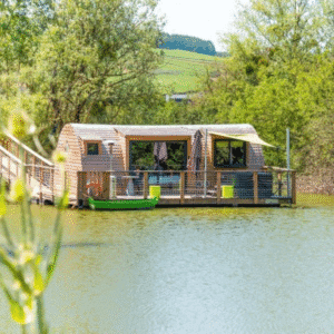 Cabane flottante bois forme arrondie terrasse étang roseaux verts reflets eau