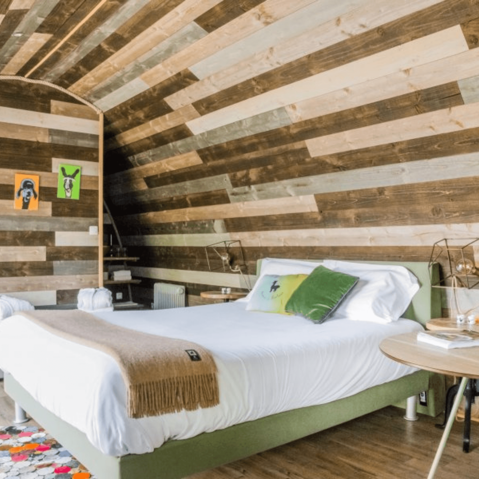 Intérieur cabane lit double vert coussins plafond bois multicolore cuisine équipée